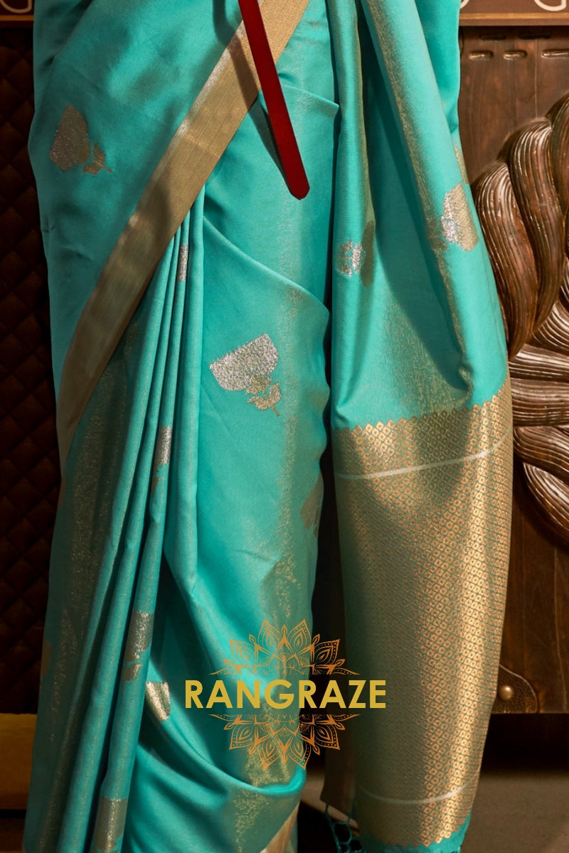 Antique Turquoise Blue Woven Banarasi Saree With Brocade Blouse