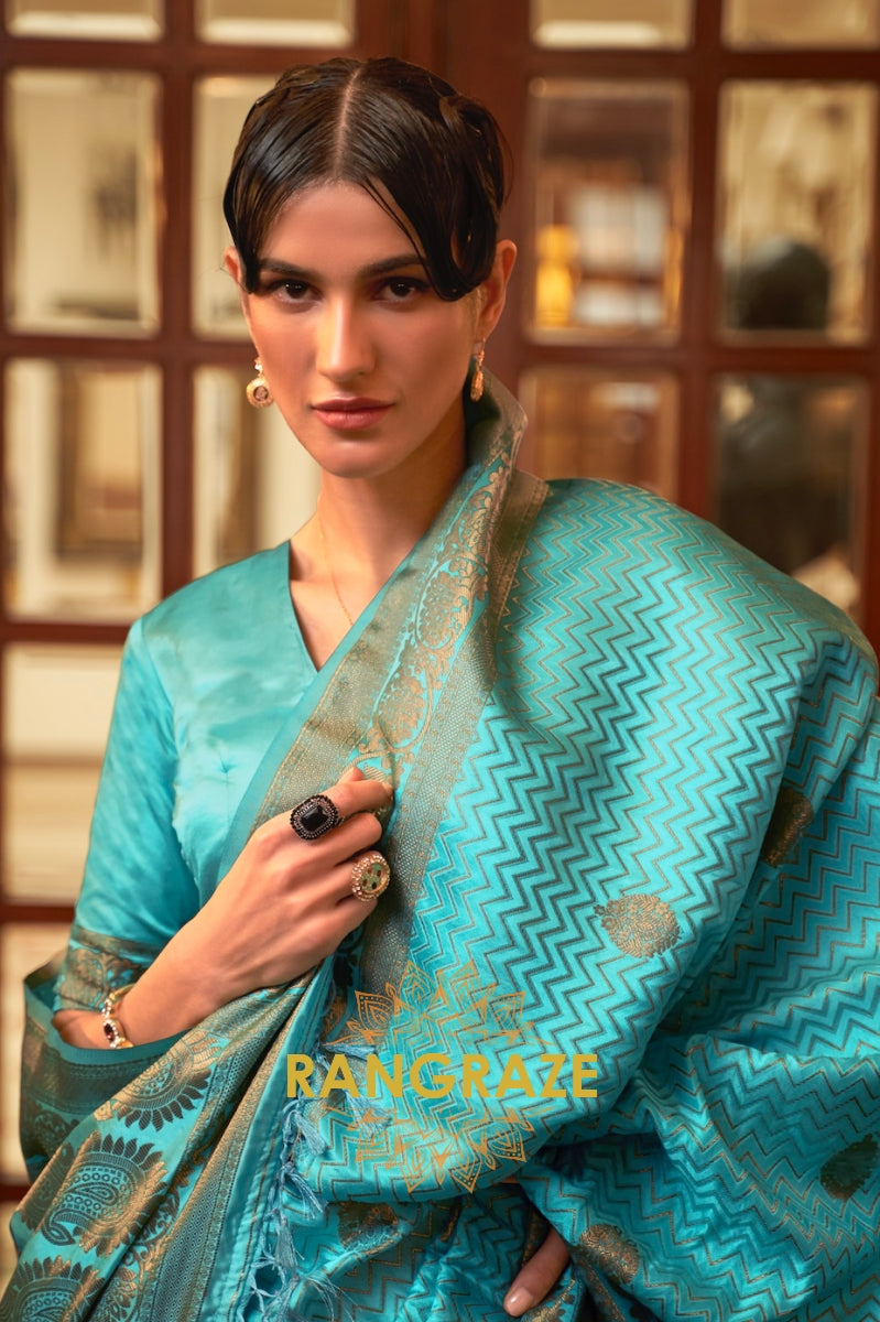 Turquoise Blue Golden Zari Woven Banarasi Silk Saree