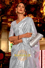 Steel Grey Cotton Handloom Weaving Banarasi Silk Saree