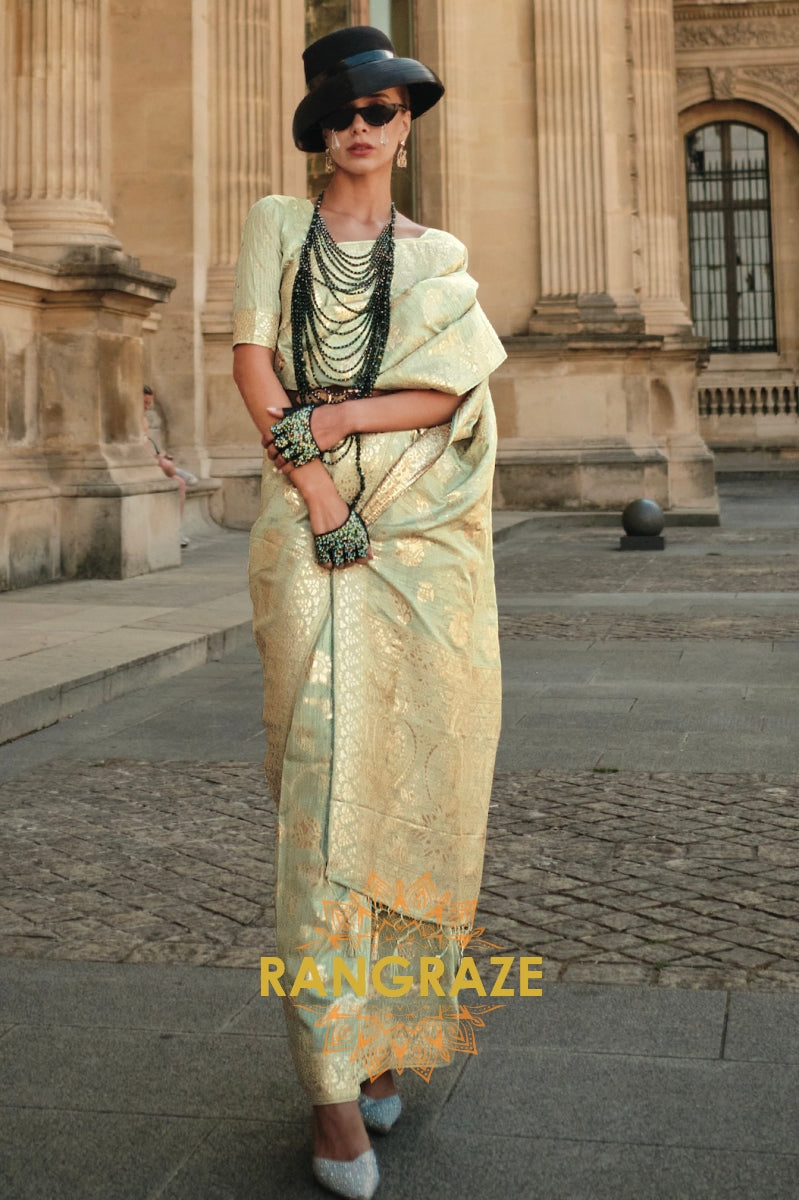 Pastel Green Gota Handloom Weaving Silk Banarasi Saree