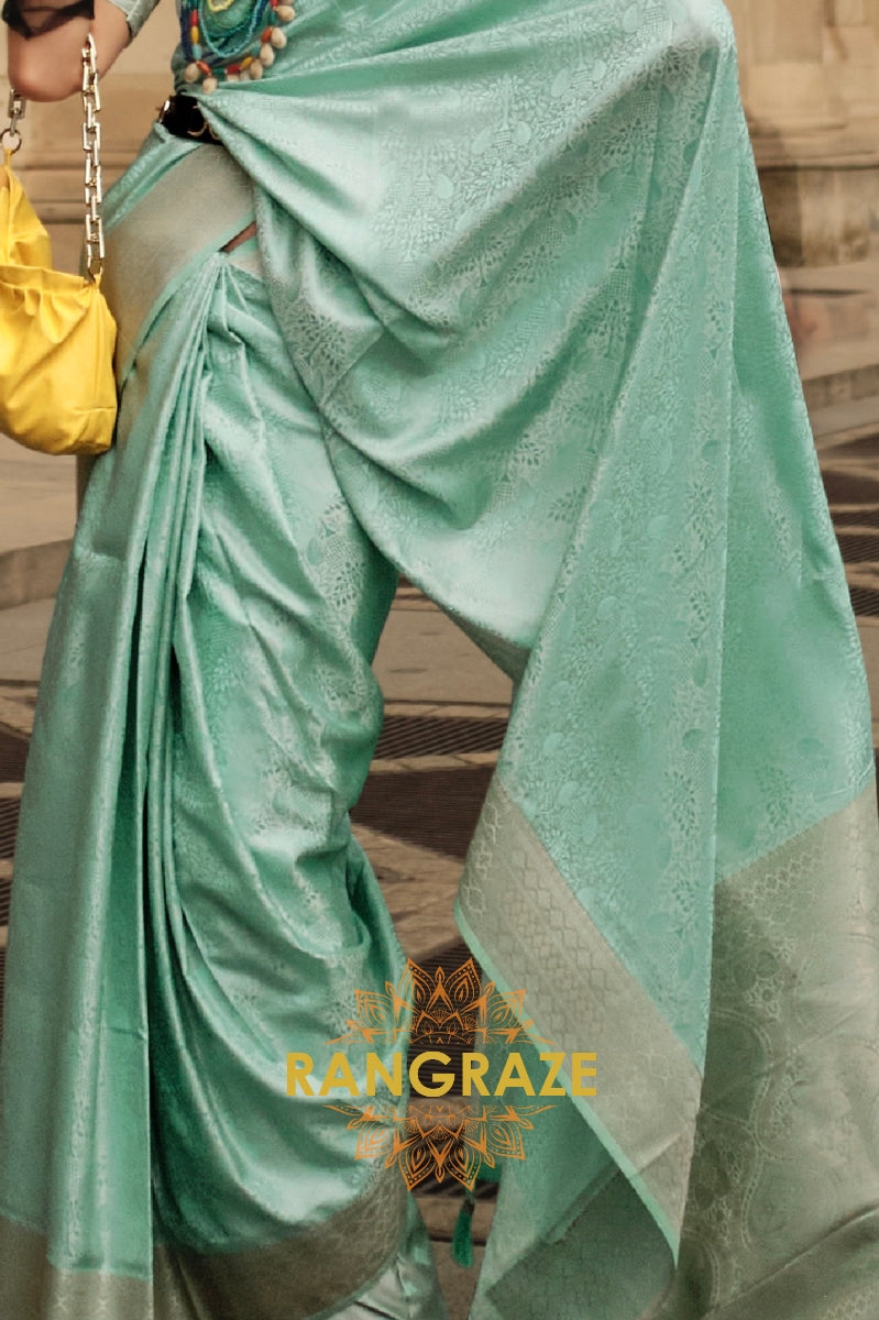 Royal Sea Green Pure Satin Handloom Weaving Silk Banarasi Saree