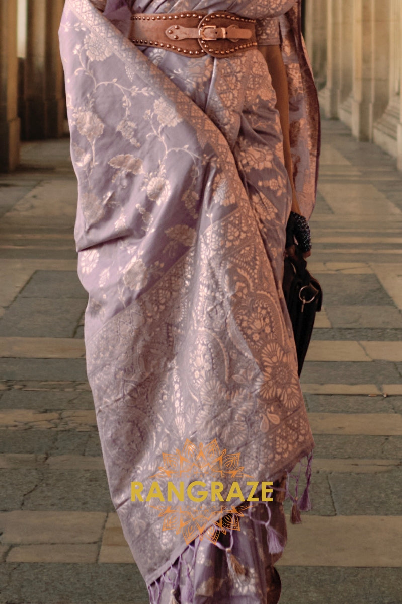 Lilac Purple Gota Handloom Weaving Silk Banarasi Saree