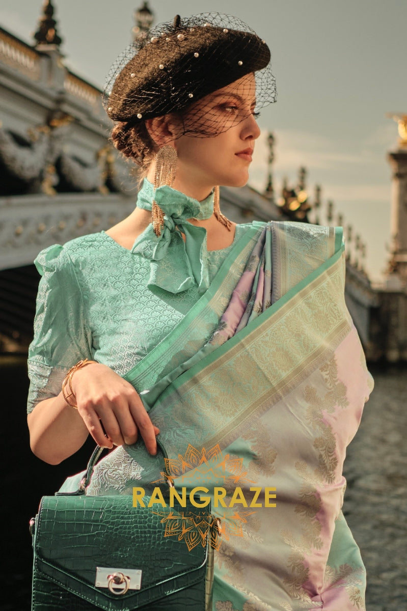 Imperial Blue Rangkat Satin Handloom Weaving Silk Banarasi Saree