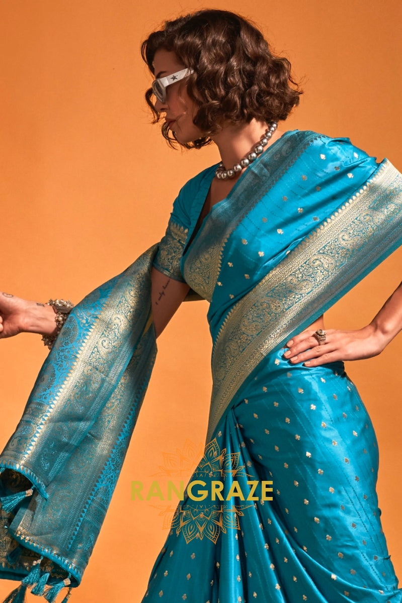 Sapphire Blue Dual Tone Banarasi Satin Silk Saree