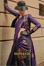 Indigo Blue Pure Satin Zari Lining Handloom Weaving Banarasi Saree