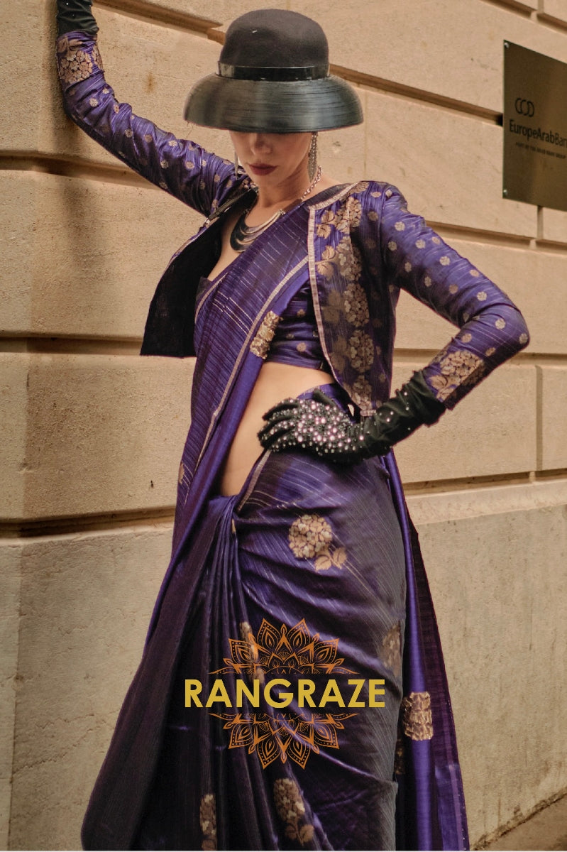 Indigo Blue Pure Satin Zari Lining Handloom Weaving Banarasi Saree