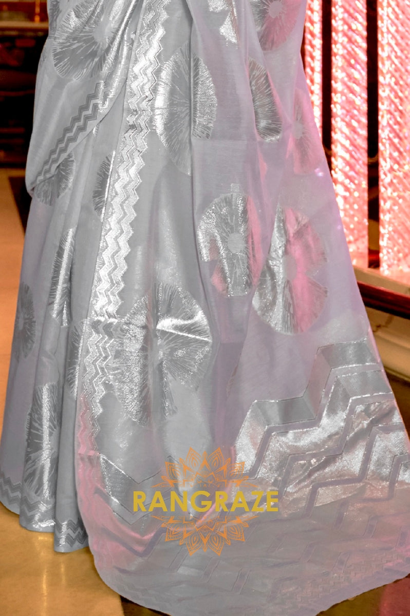 Steel Grey Cotton Handloom Weaving Banarasi Silk Saree