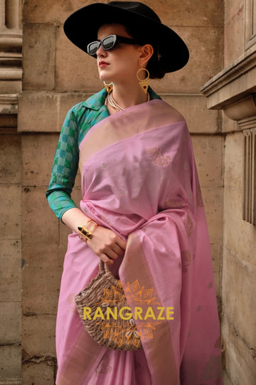 Rose Pink Soft Silk Handloom Weaving Banarasi Saree