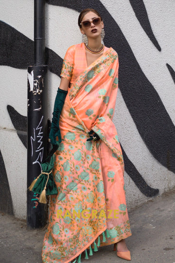 Floral Orange Parsi Weaved Cotton Silk Saree