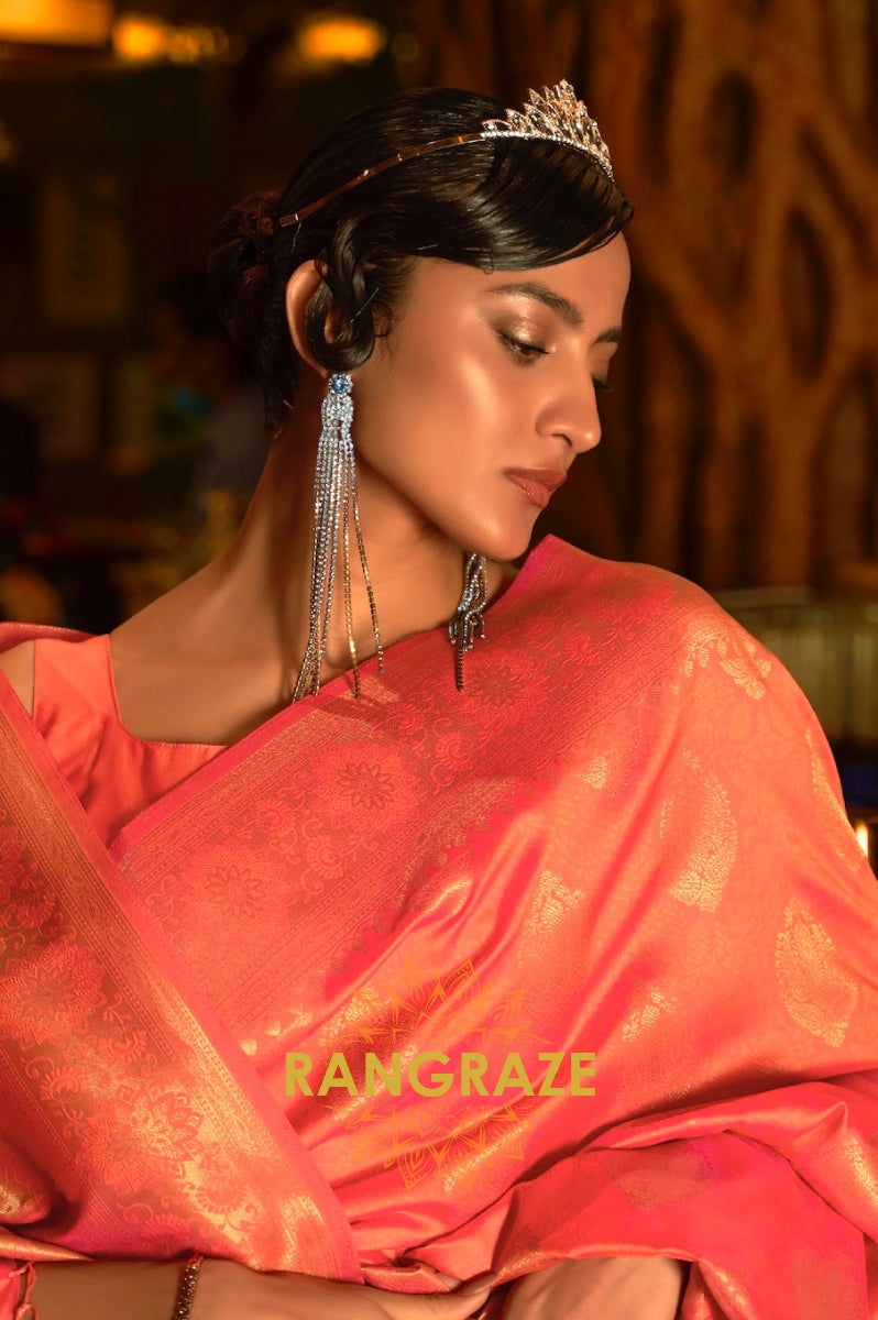Pumpkin Orange Woven Banarasi Brocade Silk Saree