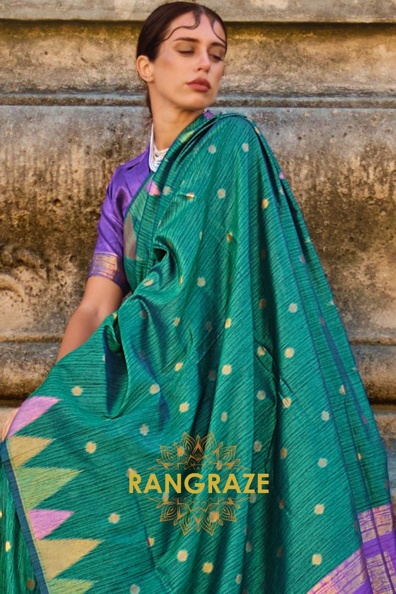 Teal Green And Golden Woven Banarasi Khaddi Silk Saree