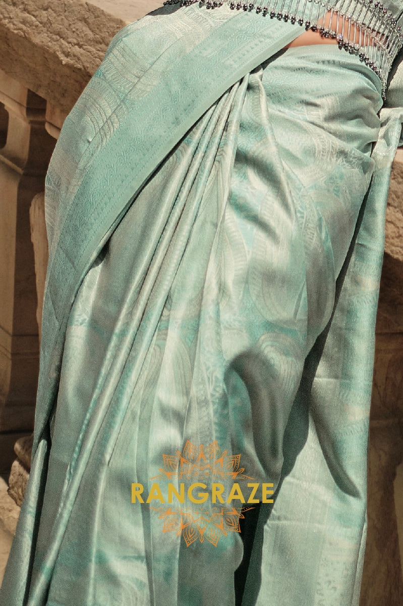 Turquoise Blue Pure Satin Handloom Weaving Banarasi Silk Saree