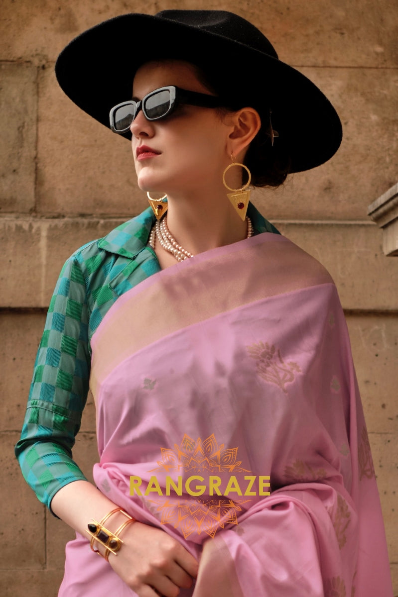 Rose Pink Soft Silk Handloom Weaving Banarasi Saree