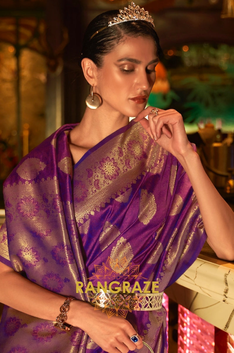 Violet Purple Woven Banarasi Brocade Silk Saree