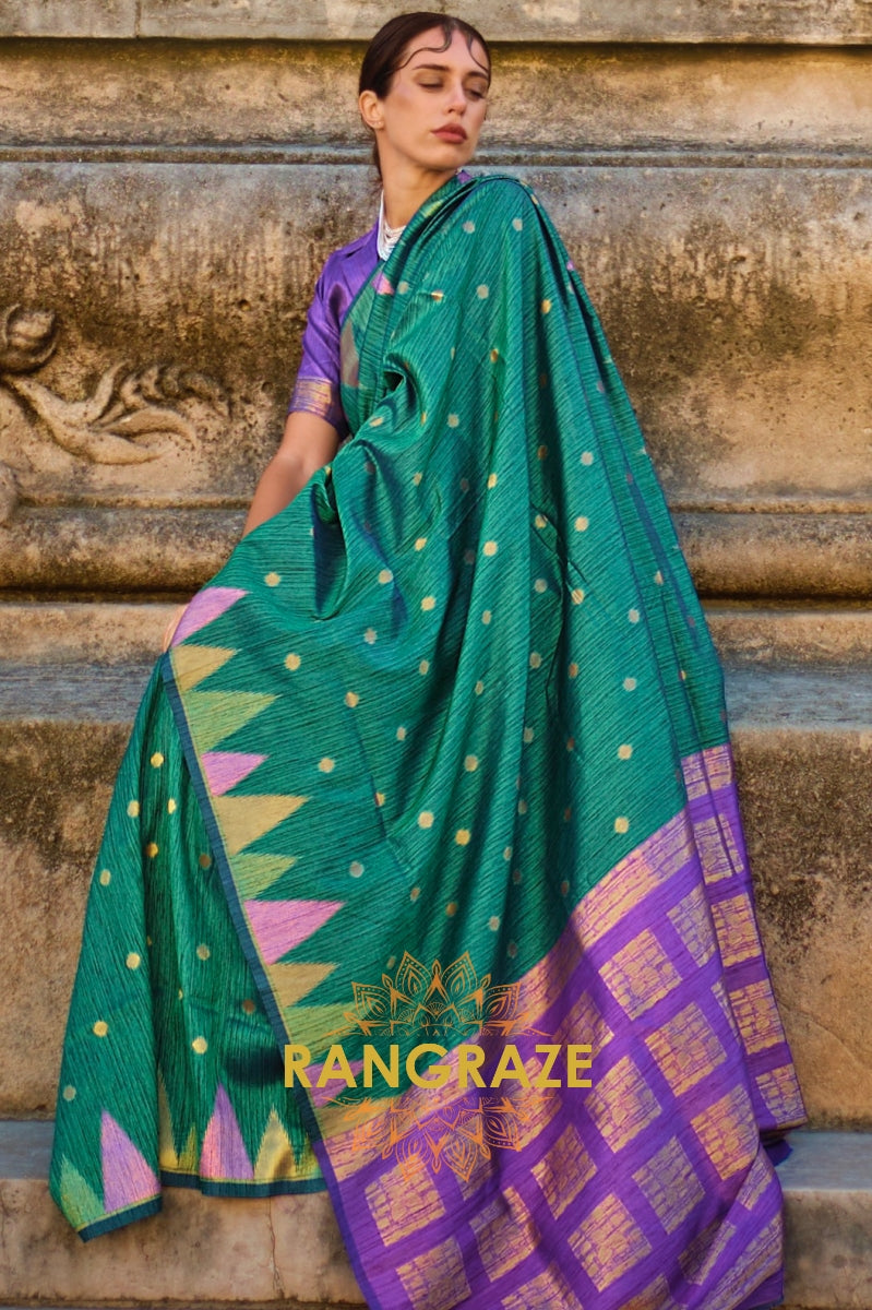 Teal Green And Golden Woven Banarasi Khaddi Silk Saree