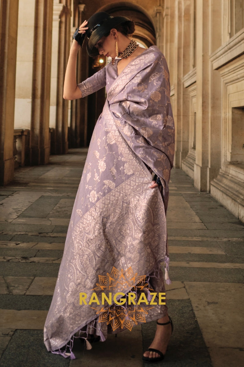 Lilac Purple Gota Handloom Weaving Silk Banarasi Saree
