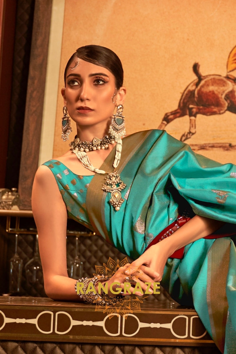 Antique Turquoise Blue Woven Banarasi Saree With Brocade Blouse