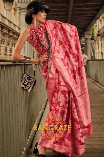 Cherry Red Woven Lucknowi Organza Silk Saree