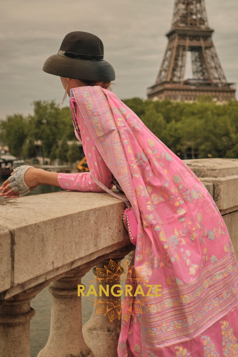 Rajwada Pink Kashmiri Organza Handloom Weaving