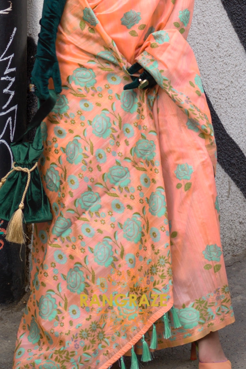 Floral Orange Parsi Weaved Cotton Silk Saree