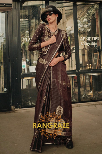 Deep Brown Pure Satin Zari Lining Handloom Weaving Banarasi Saree