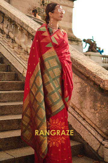 Brick Red Woven Banarasi Khaddi Silk Saree