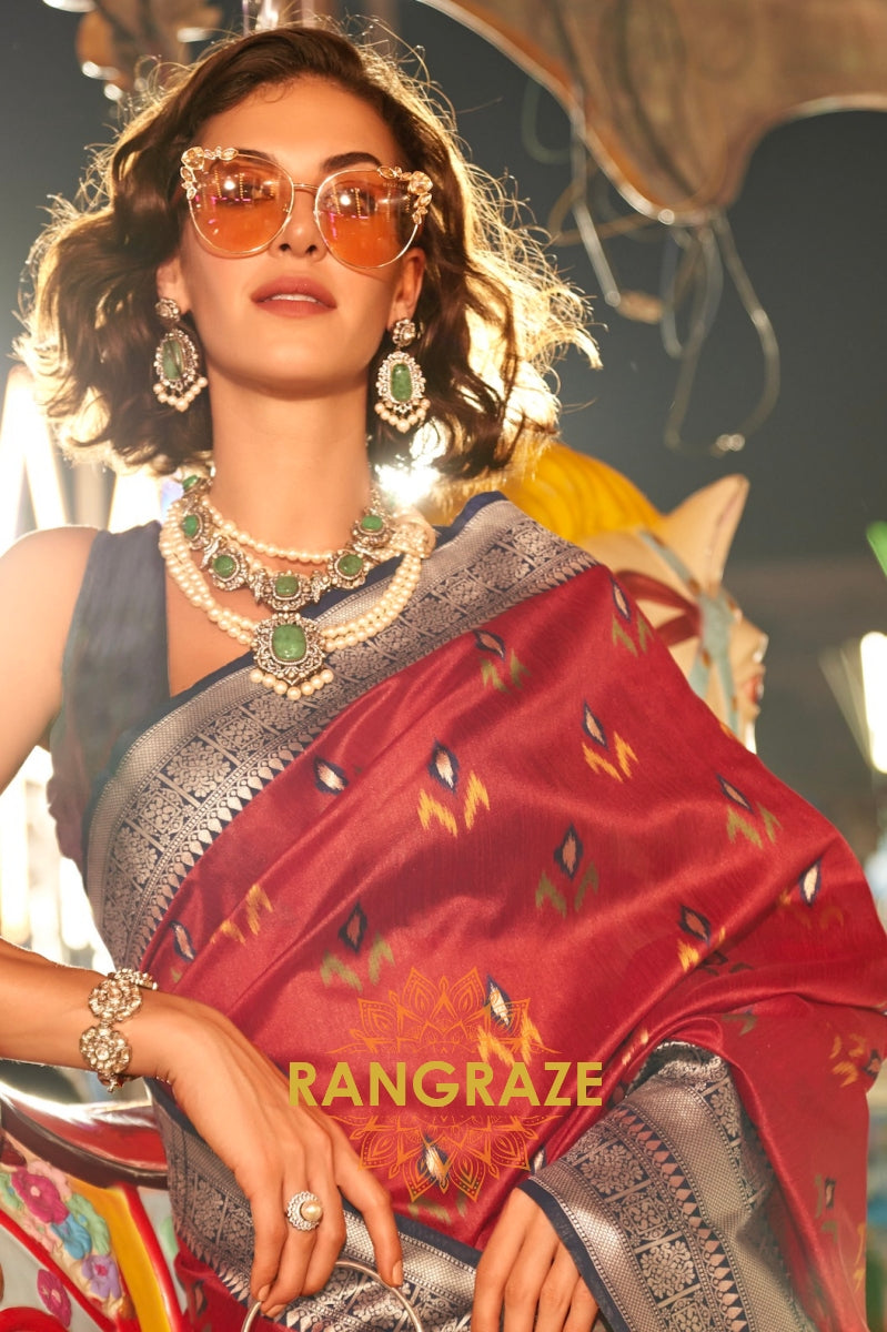 Apple Red Woven Banarasi Soft Silk Saree