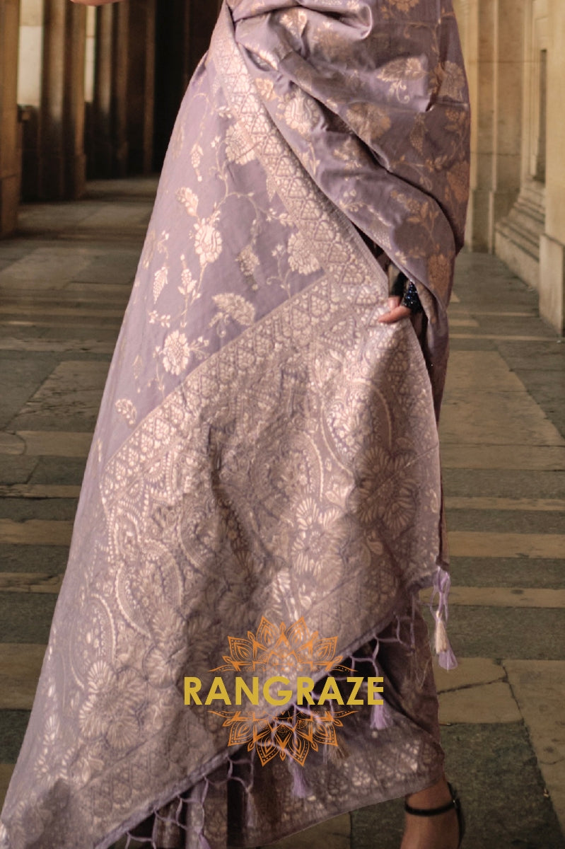 Lilac Purple Gota Handloom Weaving Silk Banarasi Saree