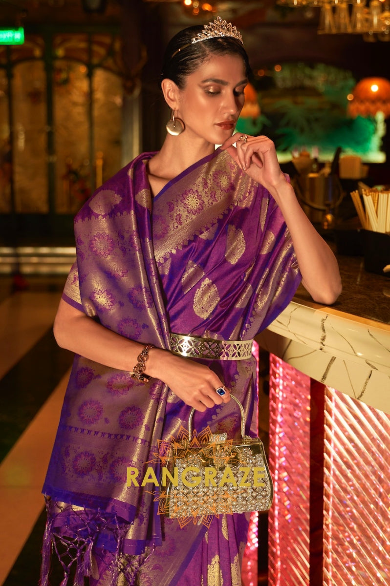 Violet Purple Woven Banarasi Brocade Silk Saree