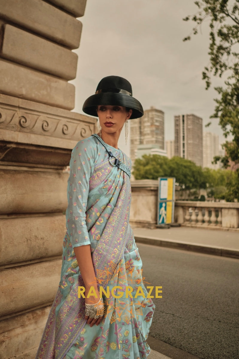 Rajwada Turquoise Blue Kashmiri Organza Handloom Weaving