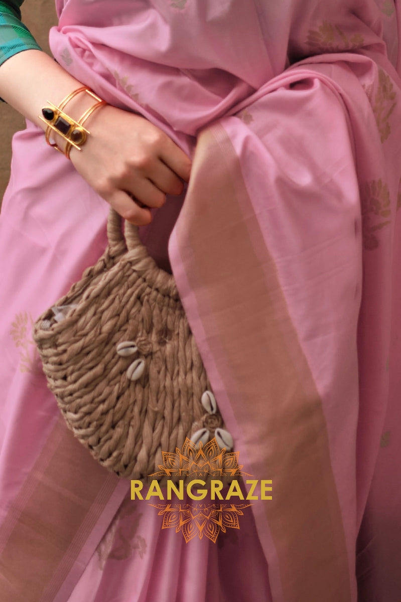Rose Pink Soft Silk Handloom Weaving Banarasi Saree