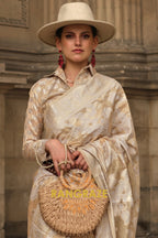 Golden Beige Woven Lucknowi Organza Silk Saree