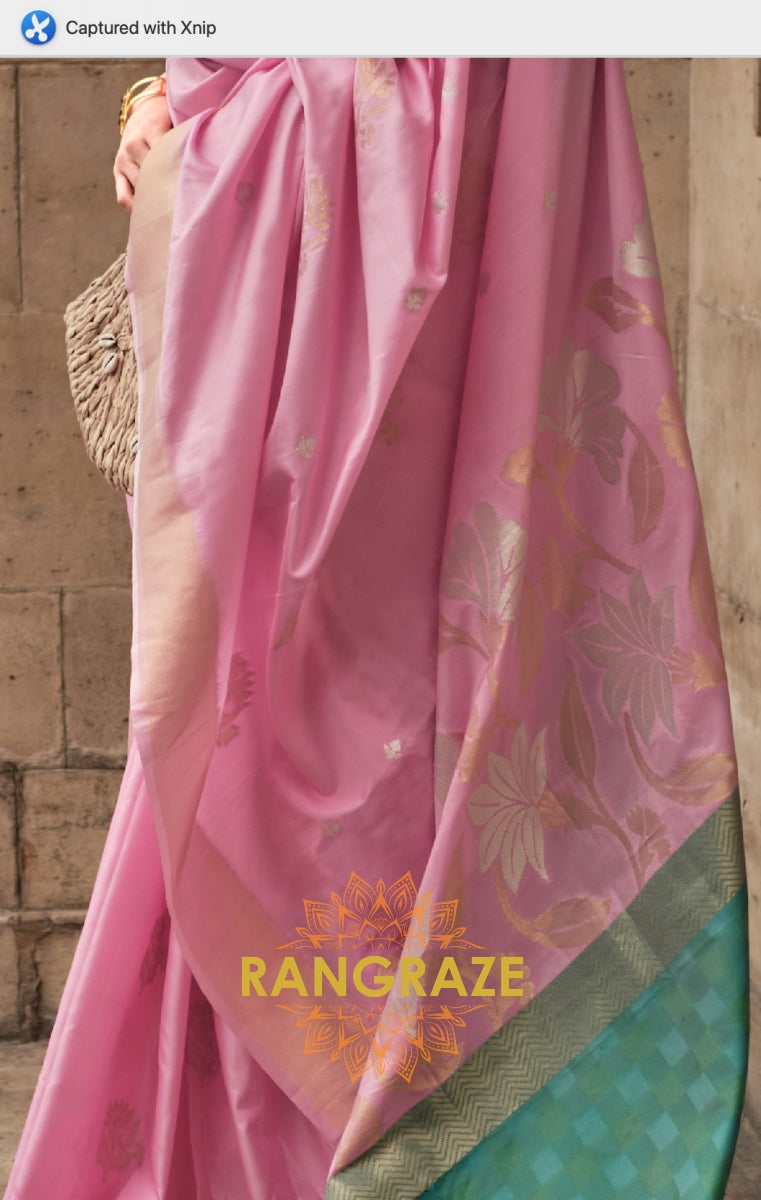 Rose Pink Soft Silk Handloom Weaving Banarasi Saree