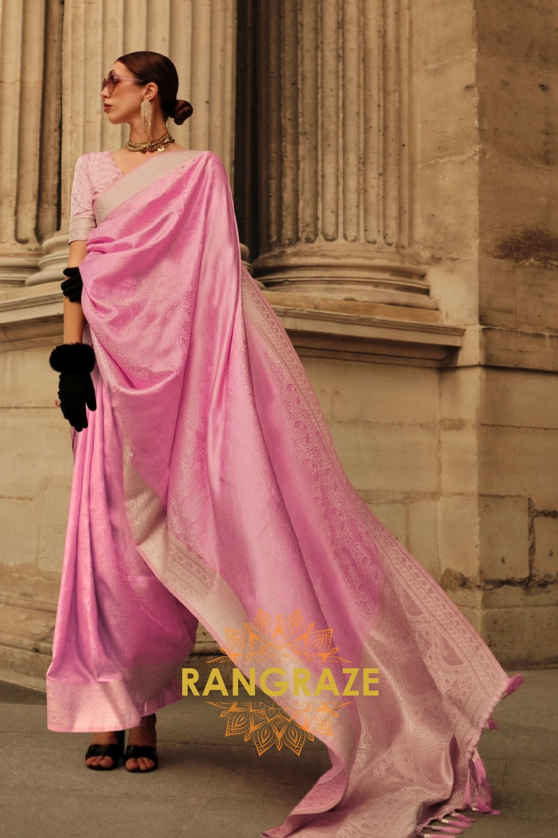 Royal Pink Pure Satin Handloom Weaving Silk Banarasi Saree