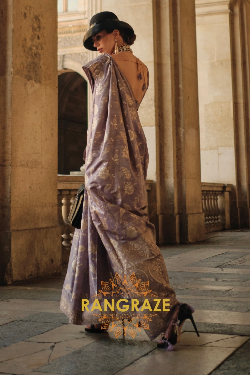 Lilac Purple Gota Handloom Weaving Silk Banarasi Saree