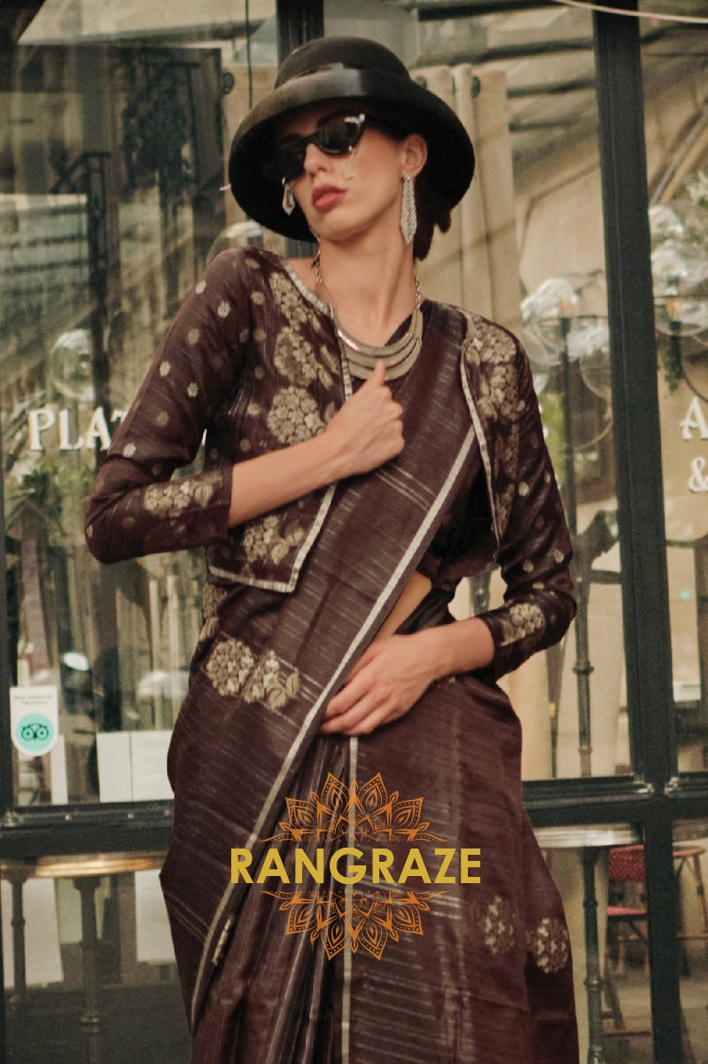 Deep Brown Pure Satin Zari Lining Handloom Weaving Banarasi Saree