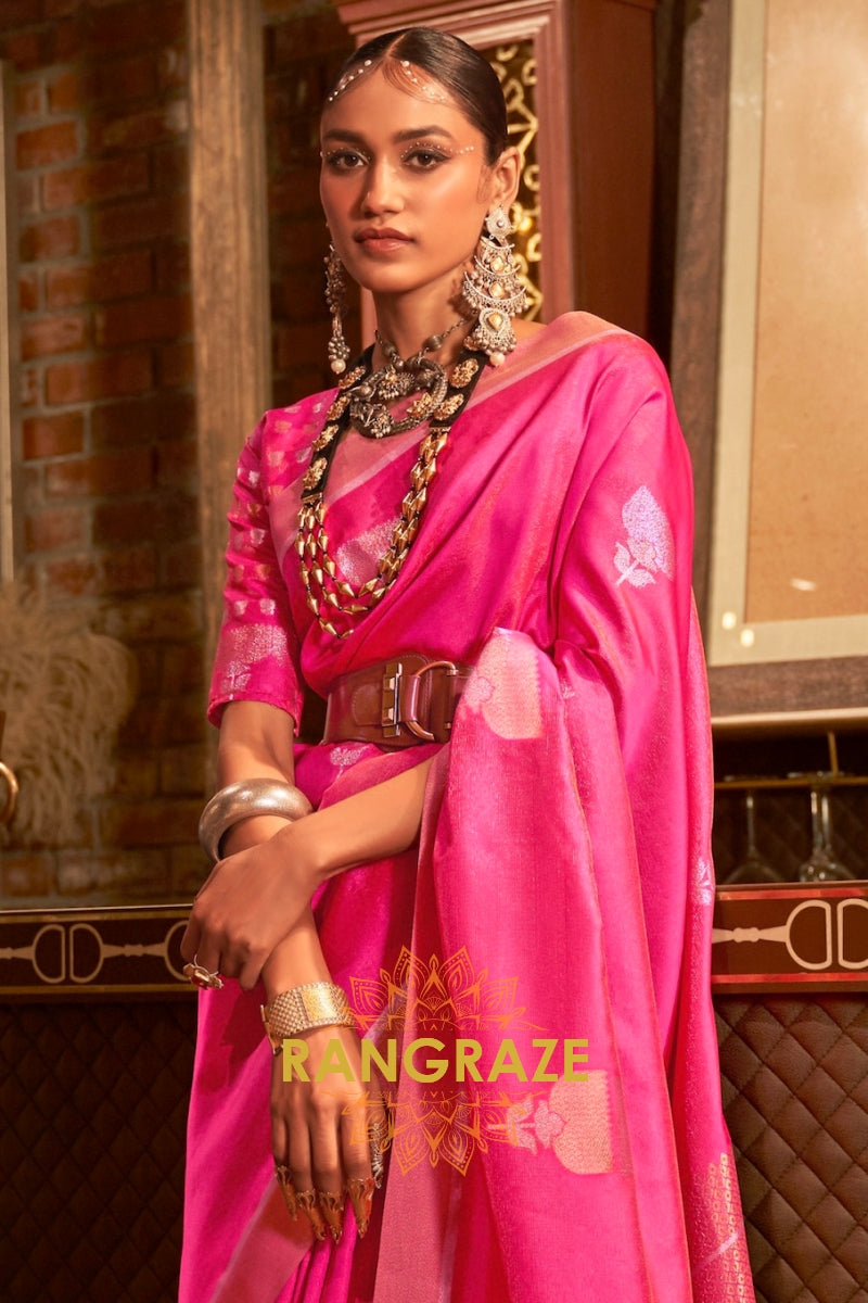 Antique Magenta Pink Woven Banarasi Saree With Brocade Blouse