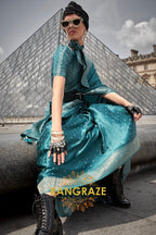 Mineral Blue Woven Satin Silk Saree With Brocade Blouse