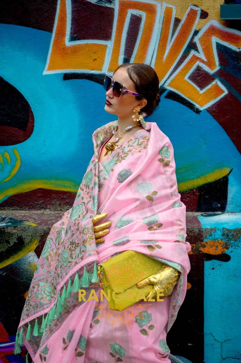 Floral Pink Parsi Weaved Cotton Silk Saree