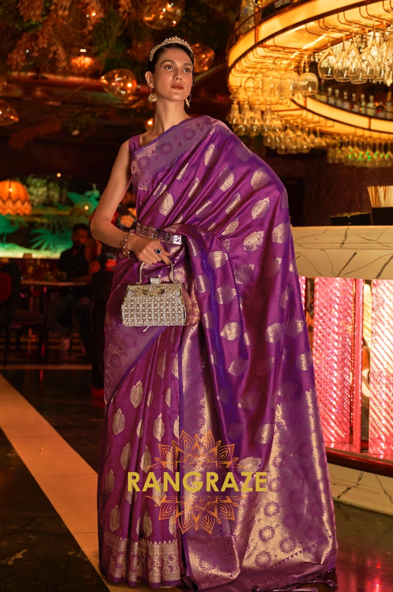 Violet Purple Woven Banarasi Brocade Silk Saree