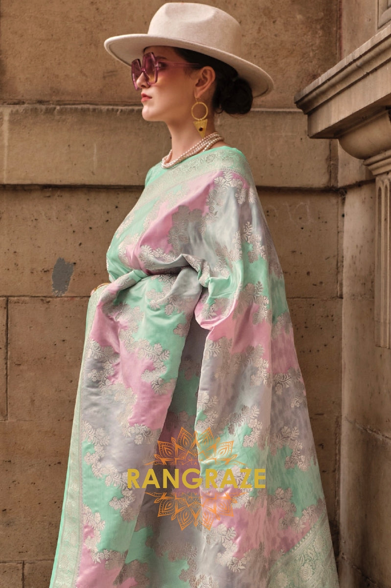 Imperial Blue Rangkat Satin Handloom Weaving Silk Banarasi Saree