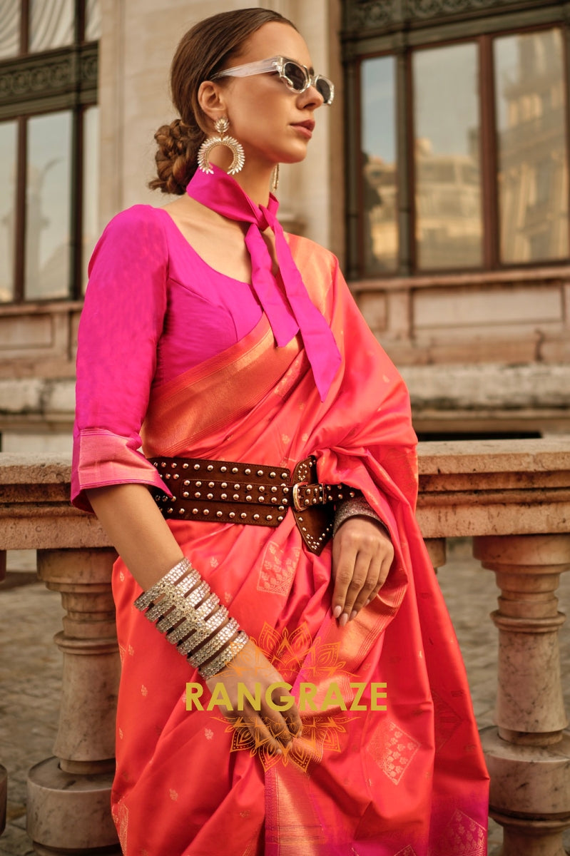 Orange Pink Woven Banarasi Soft Silk Saree