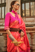 Orange Pink Woven Banarasi Soft Silk Saree