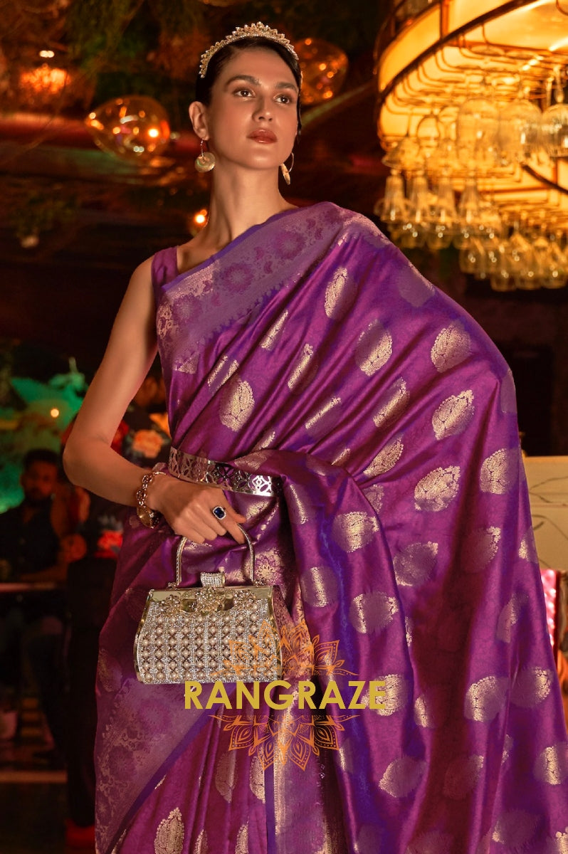 Violet Purple Woven Banarasi Brocade Silk Saree