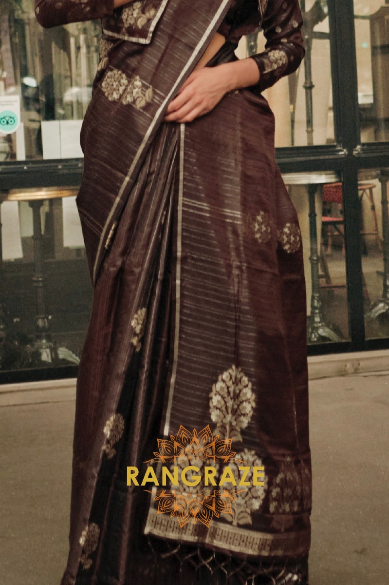 Deep Brown Pure Satin Zari Lining Handloom Weaving Banarasi Saree