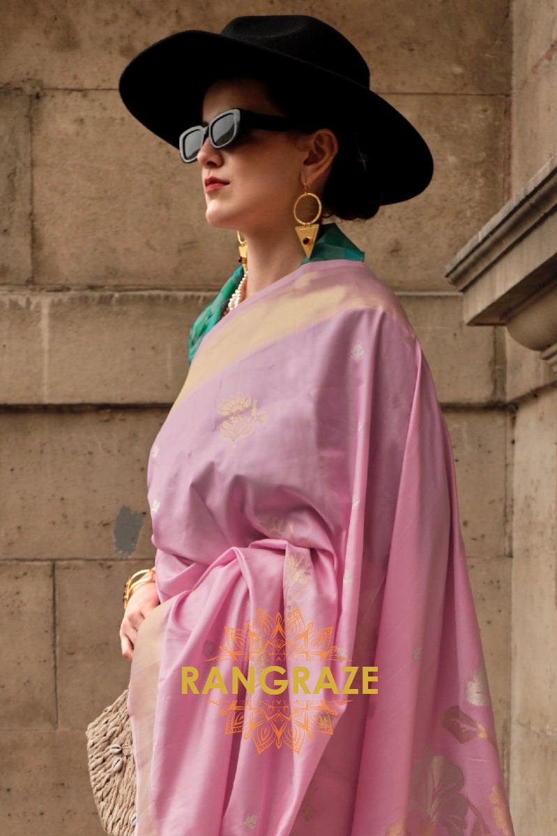 Rose Pink Soft Silk Handloom Weaving Banarasi Saree