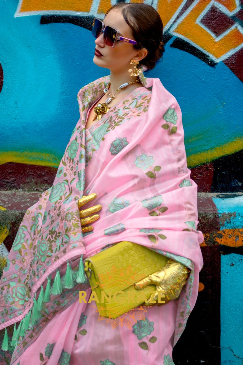 Floral Pink Parsi Weaved Cotton Silk Saree