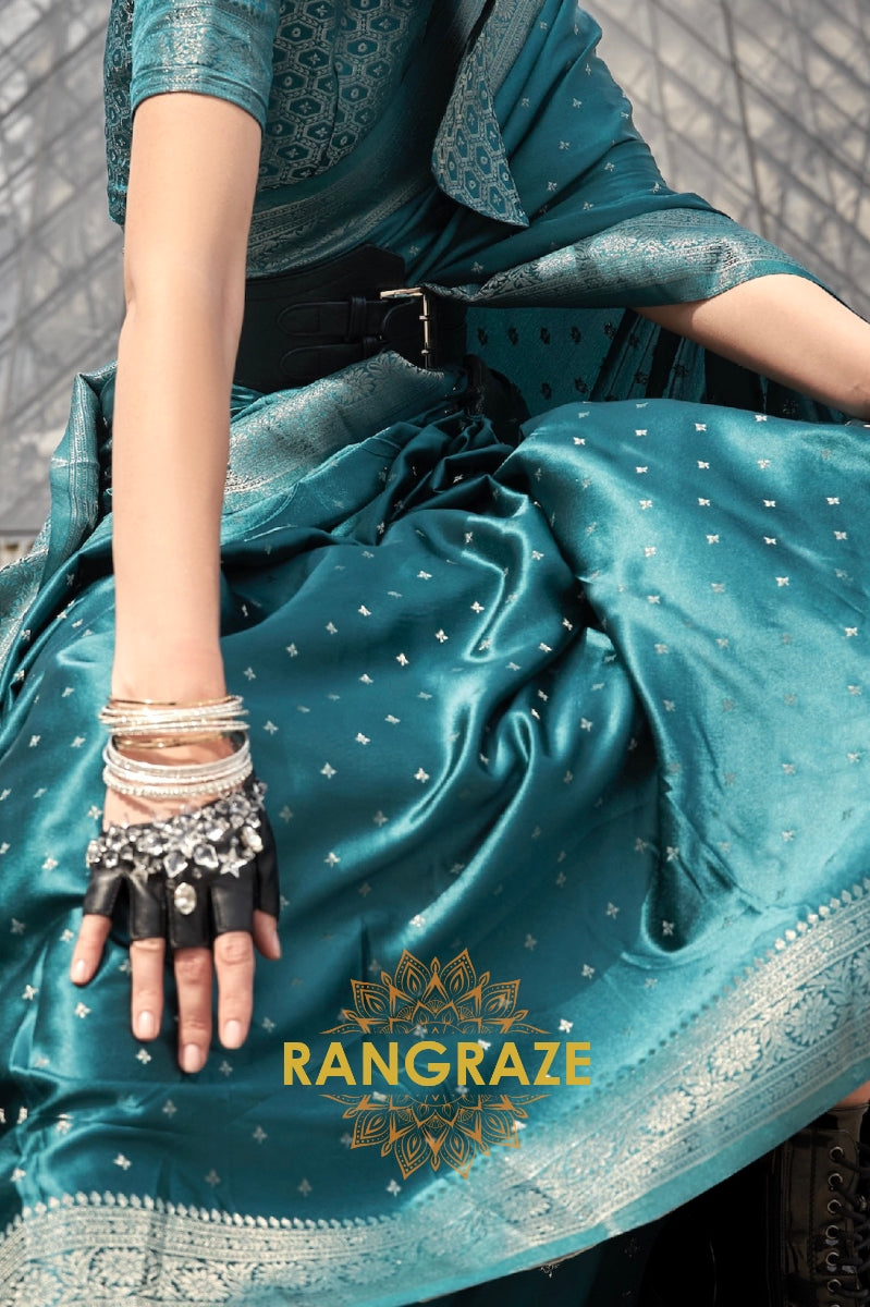 Mineral Blue Woven Satin Silk Saree With Brocade Blouse