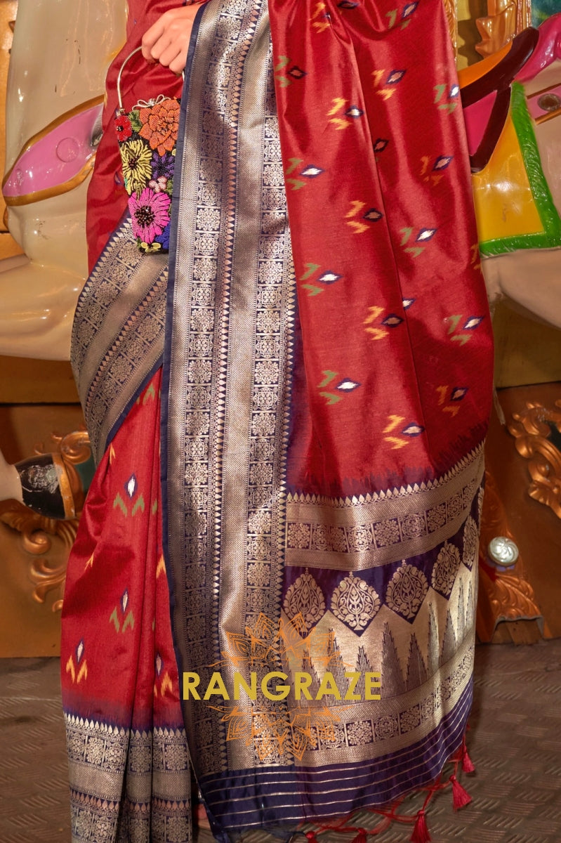 Apple Red Woven Banarasi Soft Silk Saree