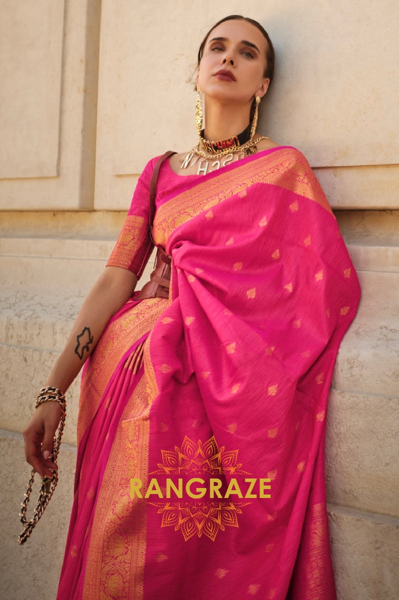 Fuchsia Pink Woven Banarasi Khaddi Silk Saree